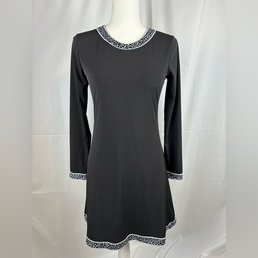 Michael Kors Womens Size S Black Long Sleeved Animal Print Trimmed Dress